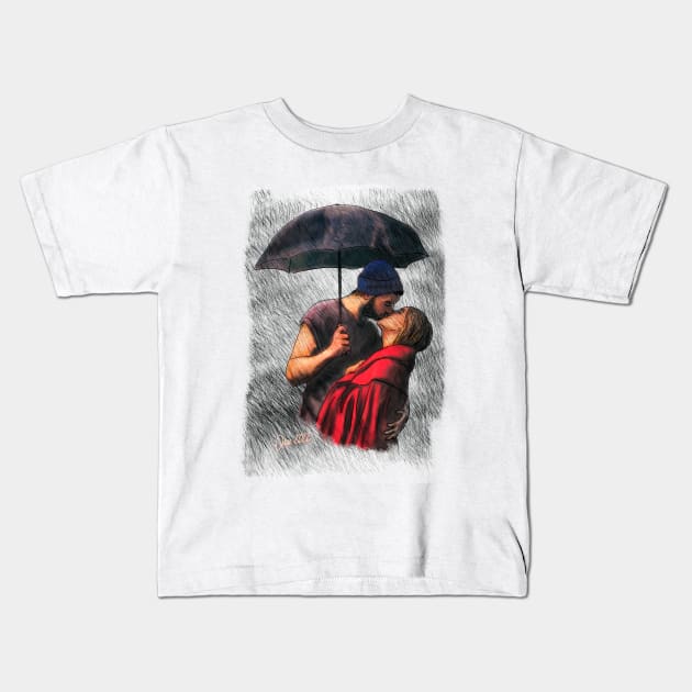 Couple under the rain Kids T-Shirt by Henry Drae